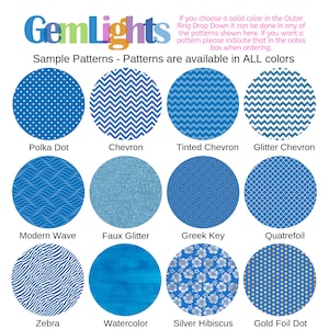 May include: A chart of 12 different patterns for custom ring designs. The patterns include polka dot, chevron, tinted chevron, glitter chevron, modern wave, faux glitter, Greek key, quatrefoil, zebra, watercolor, silver hibiscus, and gold foil dot.