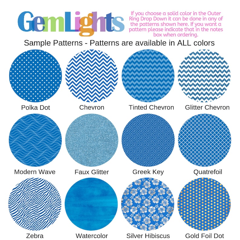 May include: A chart of 12 different patterns for custom ring designs. The patterns include polka dot, chevron, tinted chevron, glitter chevron, modern wave, faux glitter, Greek key, quatrefoil, zebra, watercolor, silver hibiscus, and gold foil dot.