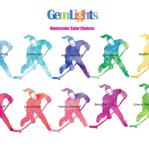 May include: A set of ten watercolor illustrations of a hockey player in various poses. Each illustration is a different color, with names like "Pool Party", "Dreamy Sea", "Goldfish", "Navy Gone Wild", "Springtime", "Berry Pie", "Lime-a-licious", "Hot Stuff", "Juicy Orange", and "Yummy Sherbert".