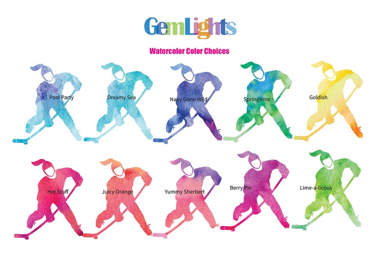 May include: A set of ten watercolor illustrations of a hockey player in various poses. Each illustration is a different color, with names like "Pool Party", "Dreamy Sea", "Goldfish", "Navy Gone Wild", "Springtime", "Berry Pie", "Lime-a-licious", "Hot Stuff", "Juicy Orange", and "Yummy Sherbert".