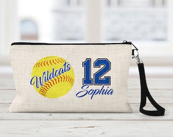Personalized Softball Makeup Bag: Natural Linen Zipper Pouch