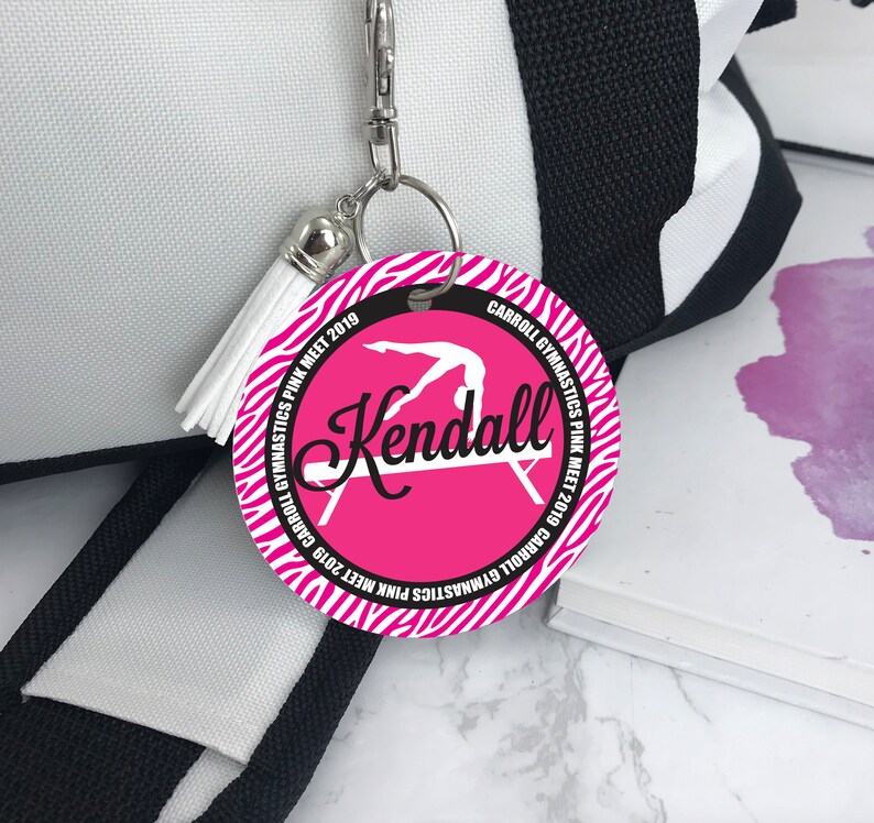 Monogrammed Personalized Gymnast Handspring Pink Out Gymnastics Gifts Aluminum Bag Tag Pink Meet Gymnastics Bag Tag