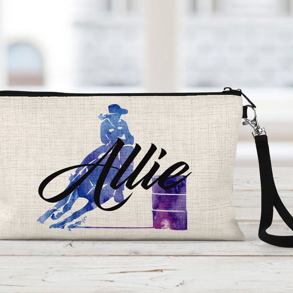 Barrel Racer Makeup Bag, Personalized Design, Natural Linen, Zipper Pouch, Makeup Bag, Tech Accessory Bag, Art or Journaling Pouch