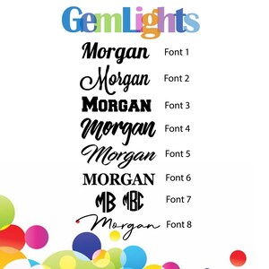 May include: A graphic showing eight different font styles for the name "Morgan". The fonts range from simple to ornate and include a monogram style.
