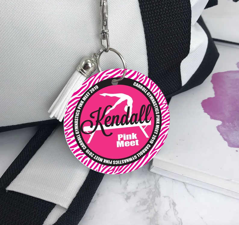 Monogrammed Personalized Gymnast Handspring Pink Out Gymnastics Gifts Aluminum Bag Tag Pink Meet Gymnastics Bag Tag