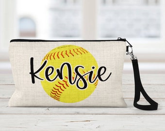 Personalized Softball Makeup Bag: Natural Linen Zipper Pouch