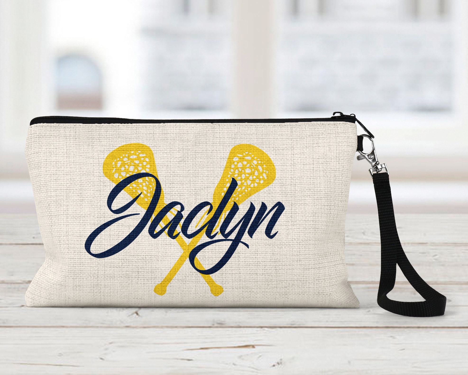 Lacrosse Sticks Makeup Bag, Personalized, Natural Linen, Zipper Pouch, Makeup Bag, Tech Accessory Bag, Art or Journaling Pouch