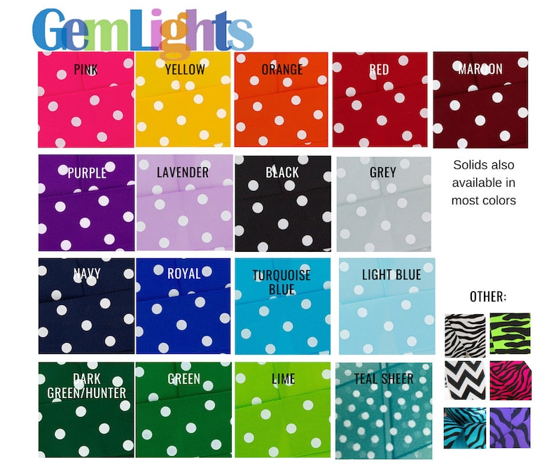 May include: A color chart showing various fabric options for polka dot fabric. The colors include pink, yellow, orange, red, maroon, purple, lavender, black, grey, navy, royal blue, turquoise blue, light blue, dark green/hunter, green, lime, and teal. The chart also includes a section for other fabric options, which include zebra print, lime green zebra print, black and white chevron, pink and black zebra print, turquoise zebra print, and purple zebra print.