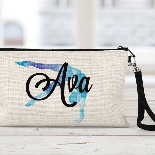 Gymnast Makeup Bag, Personalized Handspring Design, Natural Linen, Zipper Pouch, Makeup Bag, Tech Accessory Bag, Art or Journaling Pouch