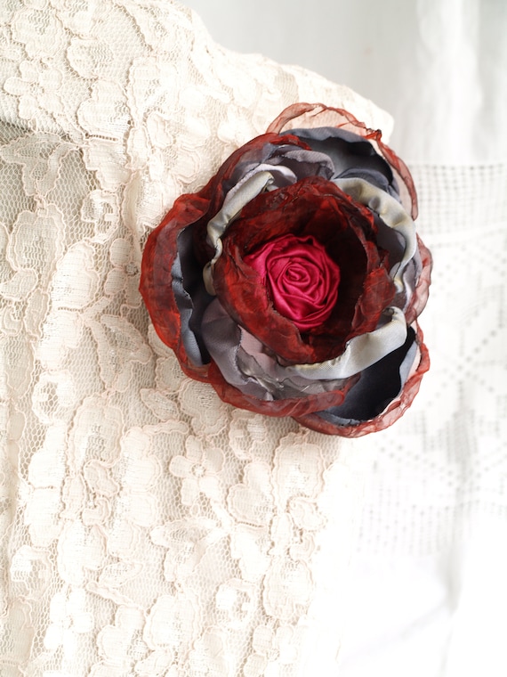 Burgundy And Gray Flower Brooch Deep Red Flower Hair Clip Dark Red Fascinate Women Accessory Wine Red Corsage Broach Pin Red Grey Gift
