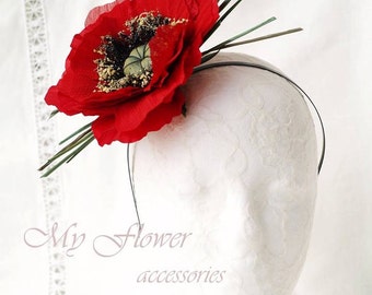 Red Poppy Fascinator: Silk Flower Headband, Races Headpiece