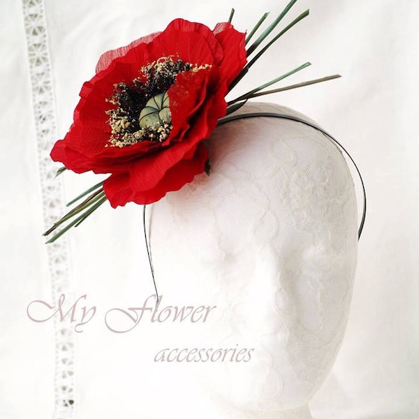 Red poppy fascinator, Flower headband for adult, big flower fascinator, Races headpiece, Black red fascinator, scarlet red flower, poppies