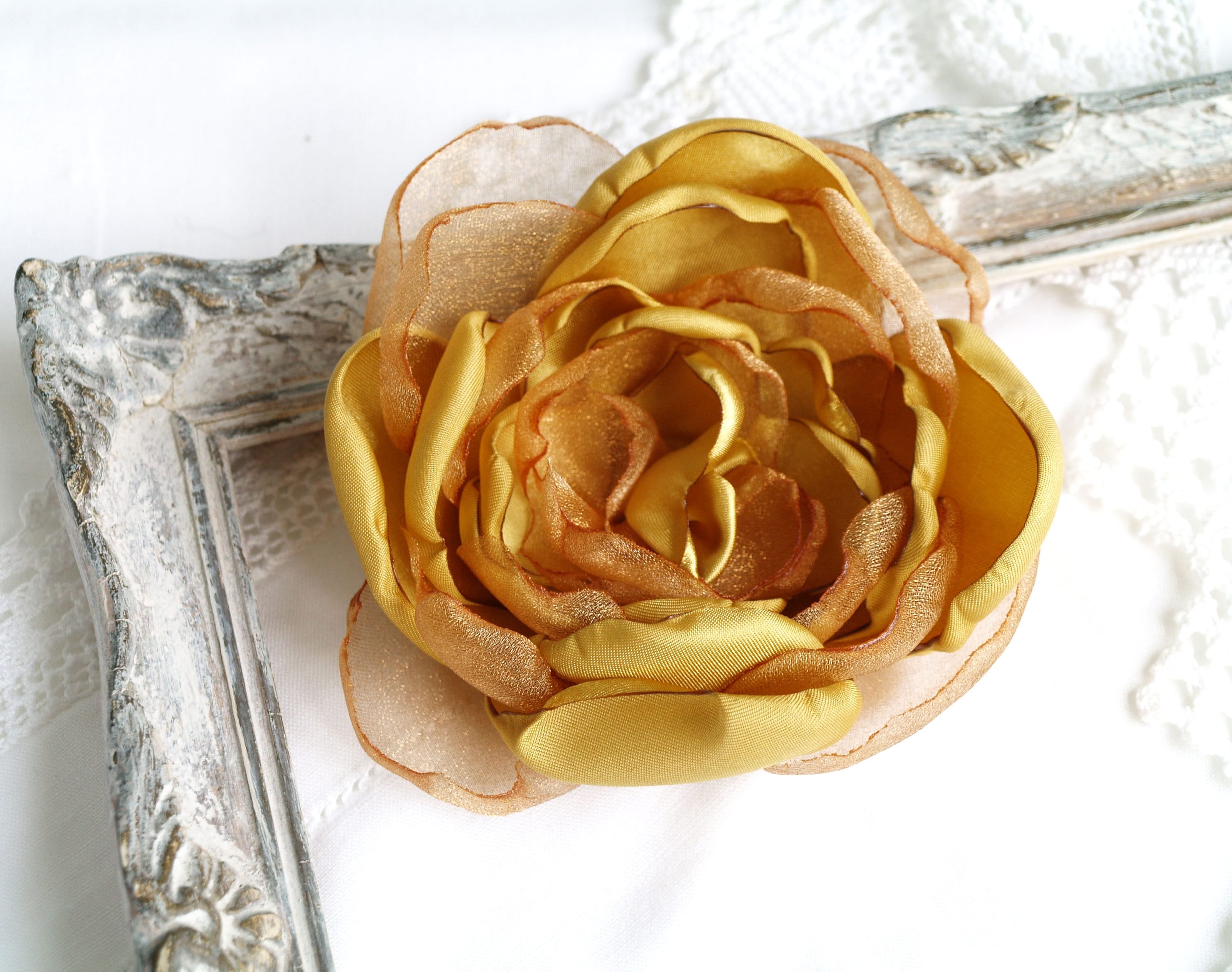 MyFlowerAccessories Silk Flower Brooch, Gold Organza Flower Hair Clip, Golden Flower Broach Pin, Bridal Hair Piece, Boho Wedding, Mother of Bride, Flower Gift