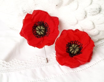 Poppy Flower Men Women Silver Lapel Brooch Rememberance Day Handmade Fabric