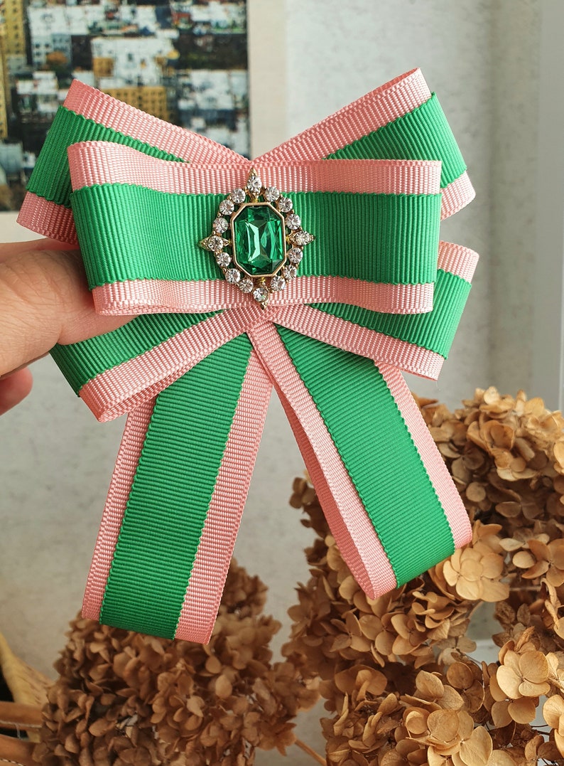 Pink Green Ribbon Bow Tie With Rhinestone Necktie Woman Etsy