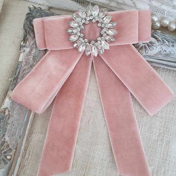 Pale Blush Velvet Bow Tie Brooch With Crystals, Pink Bow Tie Woman, Velvet Bowknot, Peach Jabot Necktie, Rhinestone Brooch Pin, Gift for her