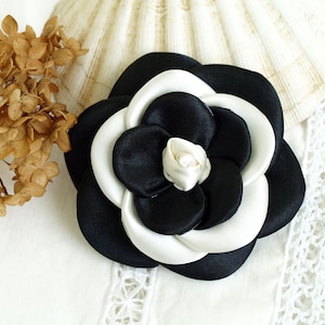 Black and White camellia brooch, Fabric camellia broach, Corsage flower pins, satin flower brooch, dress brooches, Camellia pin, Womens Gift