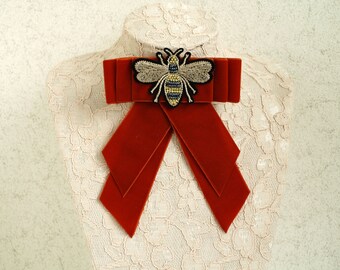 Luxury Burnt Orange Velvet Bow Pin, Terracotta Rust Velvet Bow Brooch, Embroidered Bee Brooch, Jabot Necktie, Sienna Brown Accessory