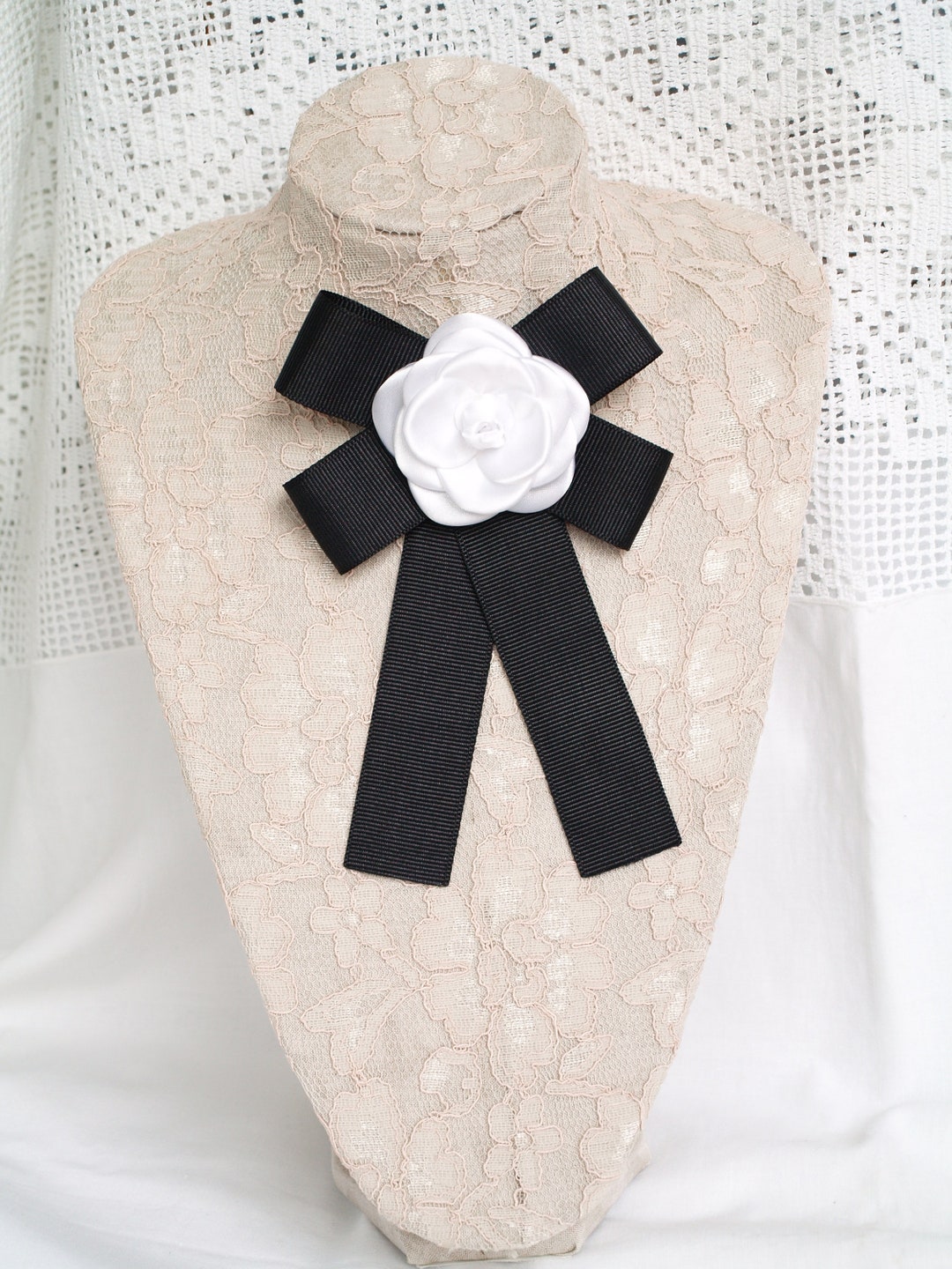 White Camellia Brooch Black White Bow Broach With Flower - Etsy