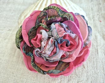 Handmade Chiffon Flower Brooch, Pink Green Corsage Pin