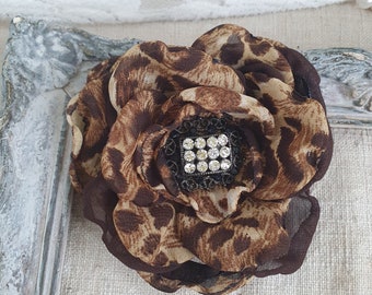 Cheetah Flower Brooch, Dress Brooch with Rhinestone, Brown Corsage Flower pin, Leopard Print Accessory, Animal print chiffon, Gift For Woman