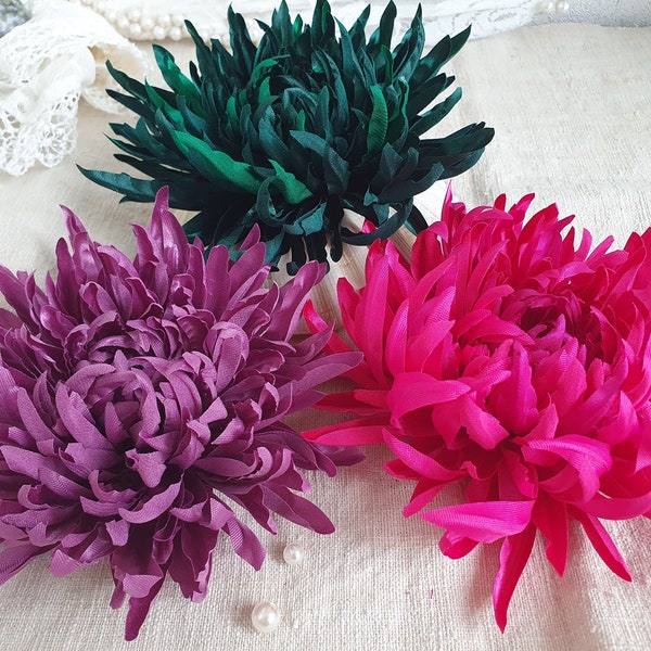 Chrysanthemum brooch, Pink, Blue, Green, Black flower corsage pin, big silk flower brooch, Bespoke colour schemes also available, gift woman