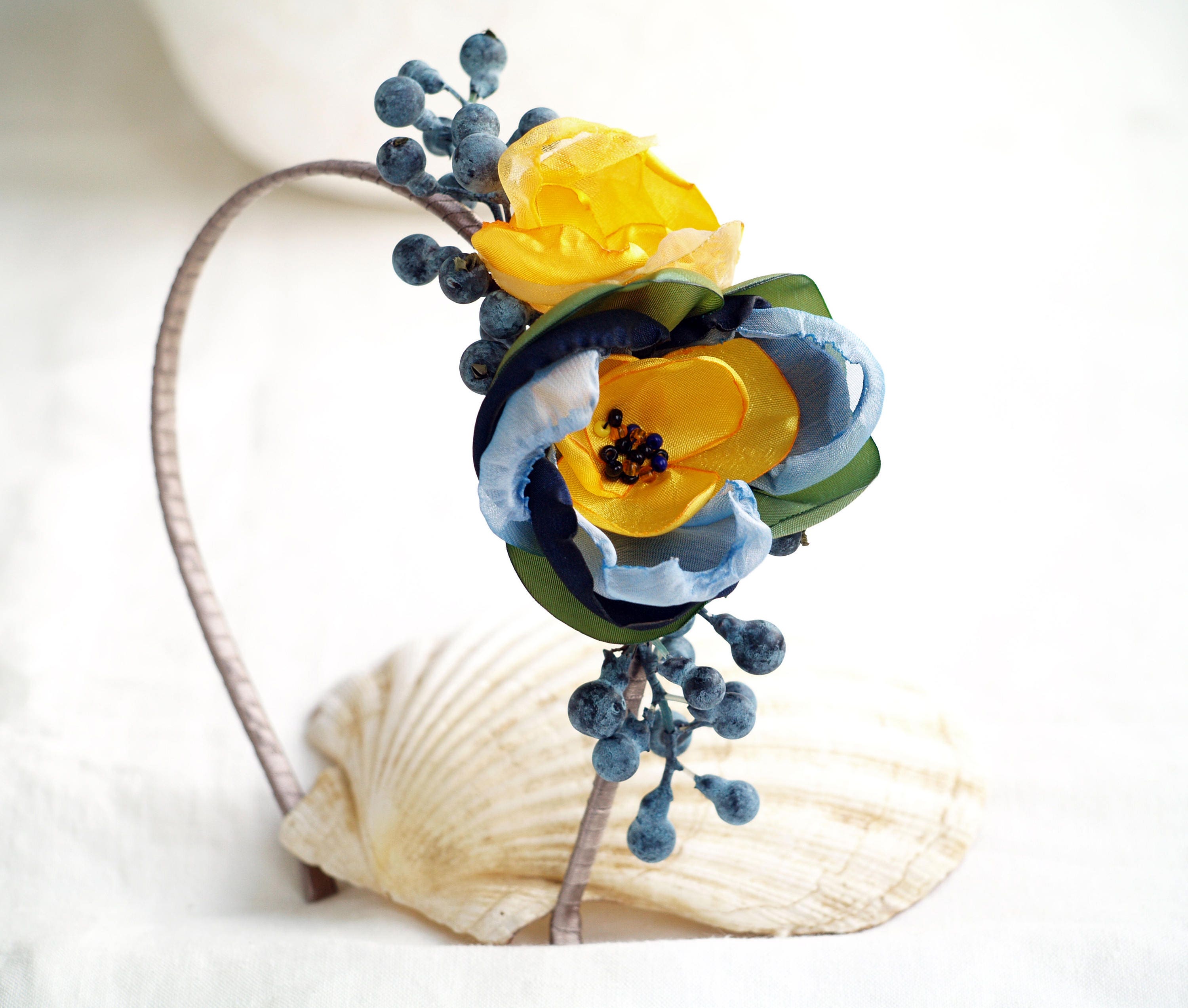 Blueberry Flower Headband: Yellow & Blue Silk Floral  display picture 3