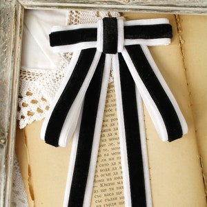 Velvet Bow Tie Brooch: Black & White Ribbon Neck Bow - Preppy Office Fashion