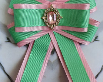 Ribbon Bow Tie With Rhinestone, Pink and Green Necktie Women, Bow Brooch, Bowknot Bowtie Brooch, Green Pink, Womens Neck Tie, Long Bowtie
