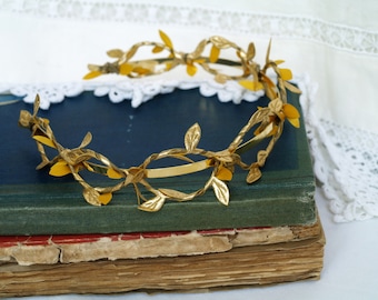 Corona de pan de oro, tocado de novia, diadema griega, guirnalda de pelo romana, hojas de laurel, tiara dorada, toga de diosa griega, festival