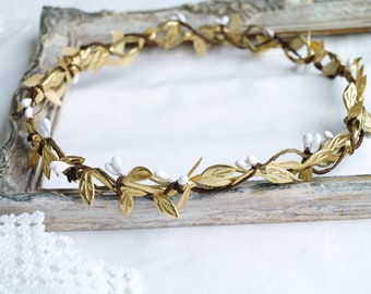 Corona de pan de oro, corona HALO, tocado nupcial tipo enredadera, tiara de rama de oro, HALO para adultos, diadema, diosa griega, cera, estilo vintage, floral
