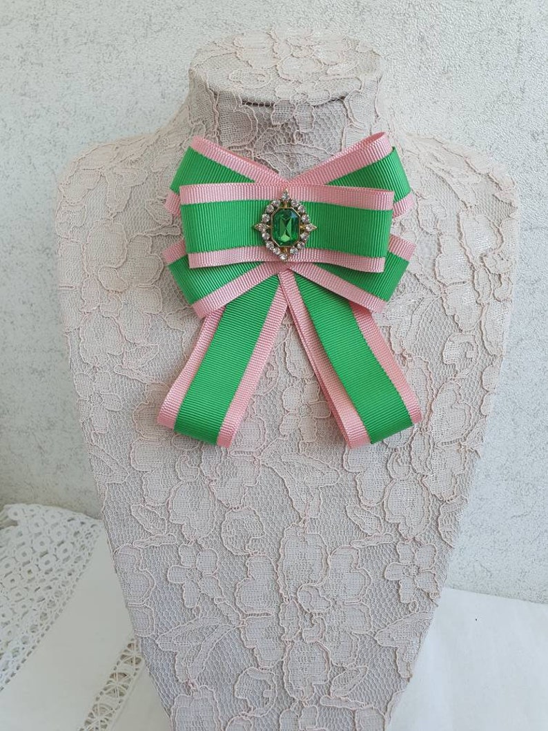 Ribbon Bow Tie With Rhinestone Pink and Green Necktie Women Etsy