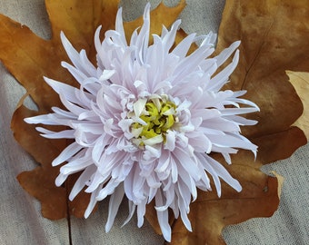 White silk chrysanthemum, white flower hair clip, flower brooch pin, white and lime green corsage flower, Mothers gift, nature inspired gift