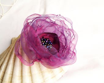 Purple Flower Hair Clip, Organza Flower Corsage Brooch, Violet flower brooch, Purple Flower clip for women, Plum Violet Wedding, Gift idea