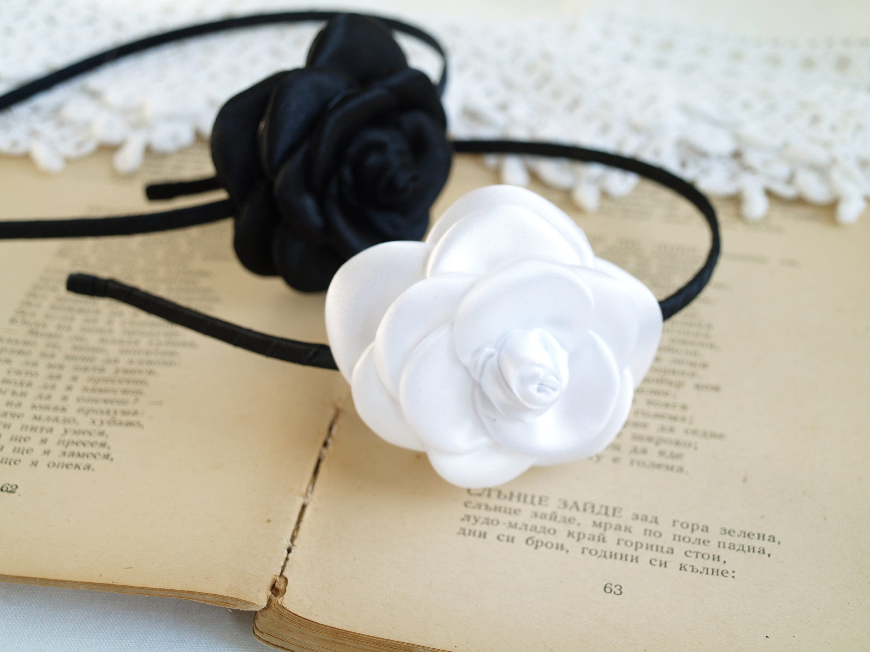White Camellia Handcrafted Headband Chanel Black Satin White Camellia Headband — Mia Luxury Vintage main image 4