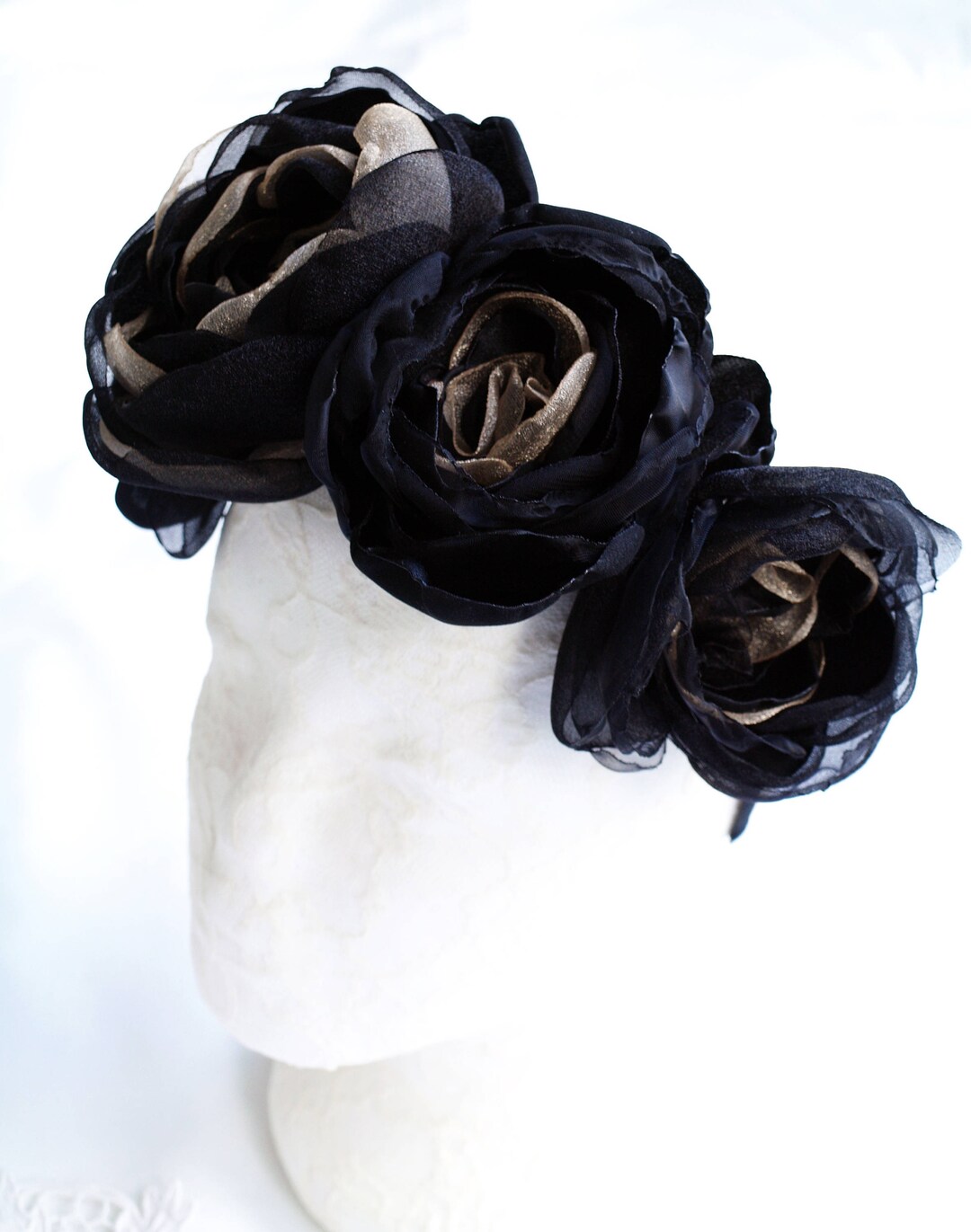 Black Flower Headband, Silk Flower Crown, Black Gold Headband, Floral