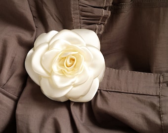 White Satin Camellia Brooch: Handmade Corsage Flower Pin