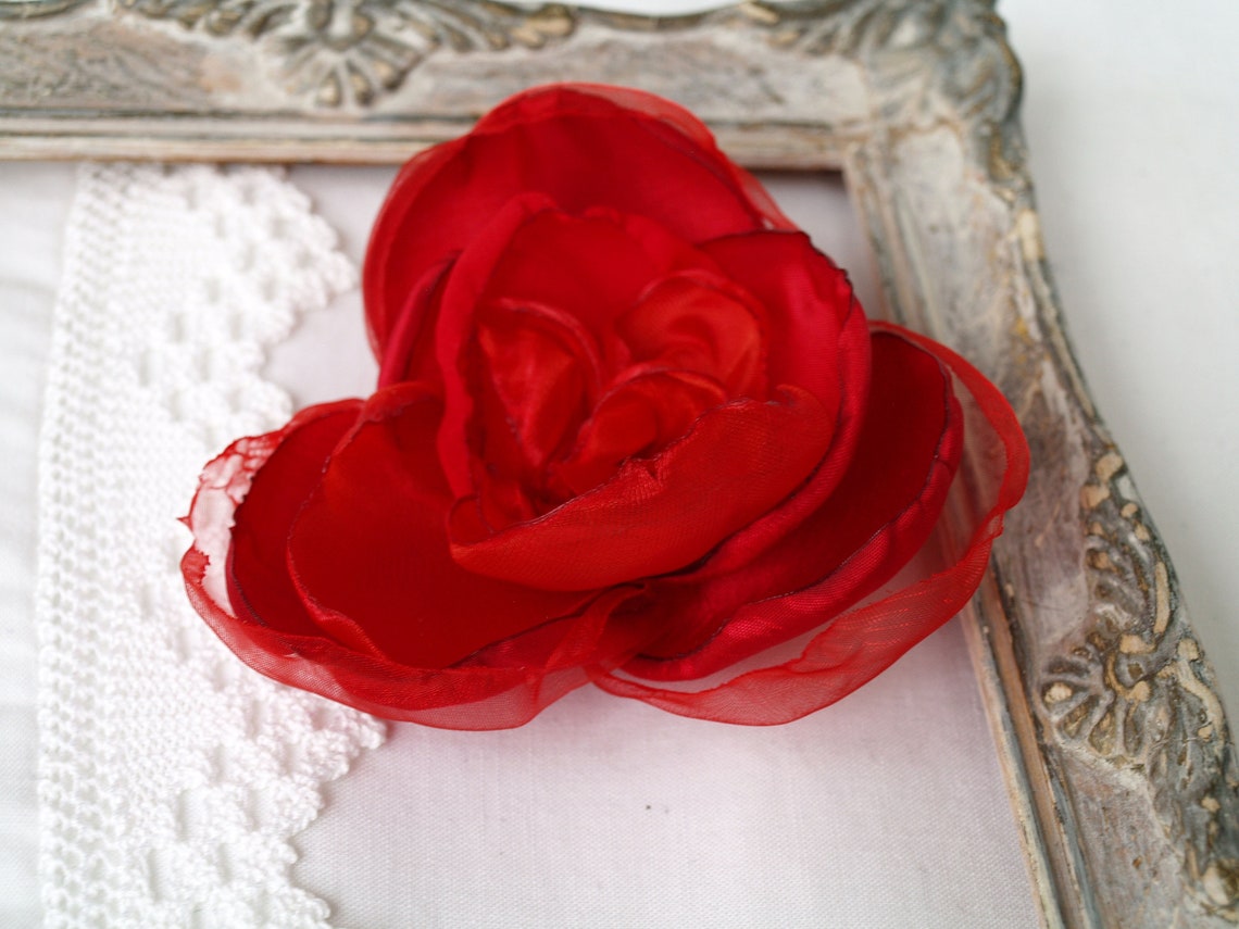 Red Flower Brooch Pin Red Silk Flower Corsage Flower Pin Etsy