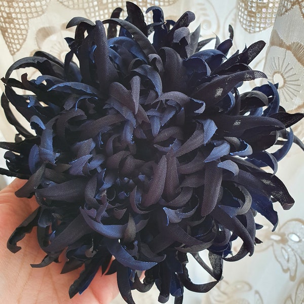 Extra Large flower brooch, Black Blue flower pin, Fabric chrysanthemum brooch, Corsage flower pin, Bespoke colour schemes also available