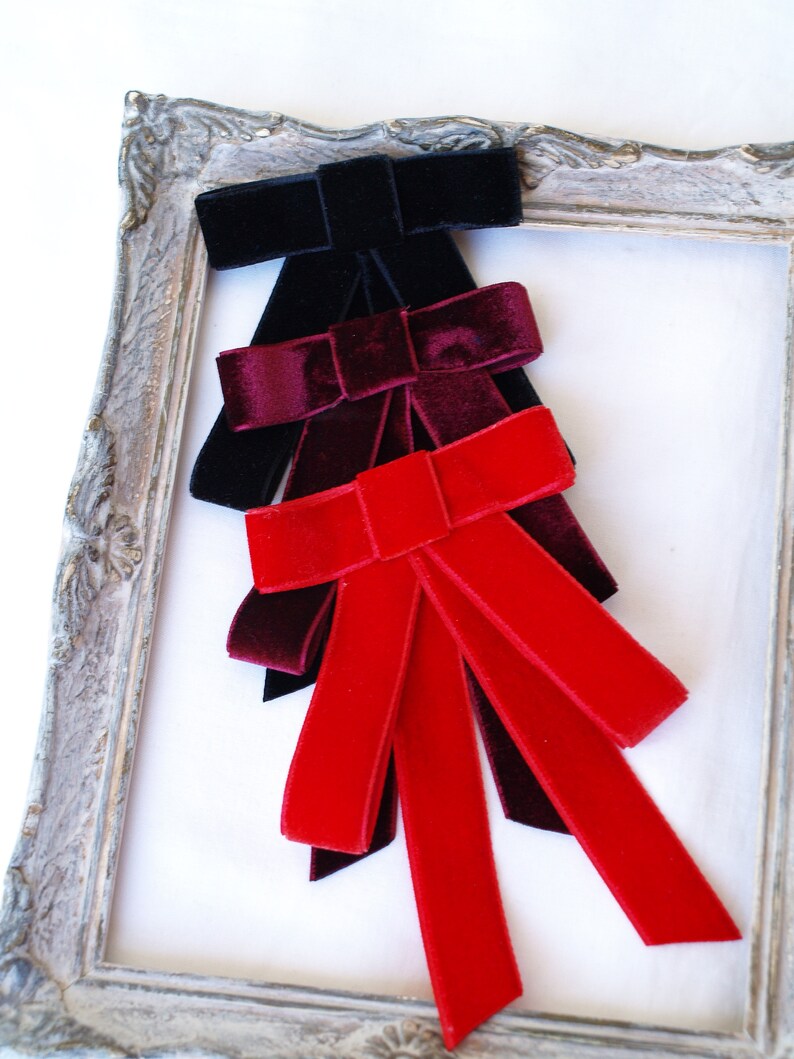 Red Bow Tie Brooch Velvet Ribbon Tie Long Bowtie Office Etsy