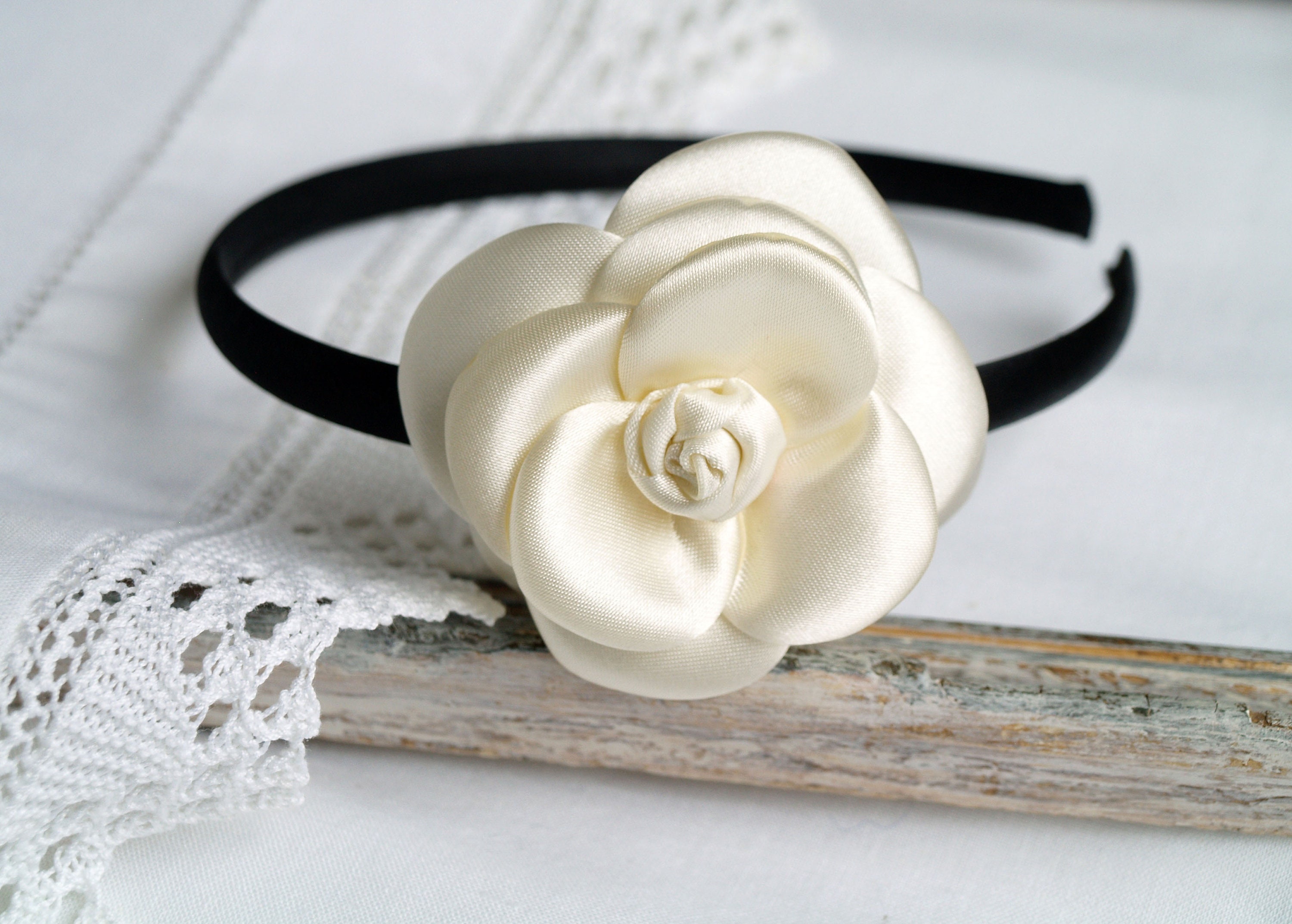 MyFlowerAccessories Black Flower Headband, Classic Style, Women Hair Accessories, Black Fabric Camellia, Simple Hairband for Women, Silk Flower Headband, Gift