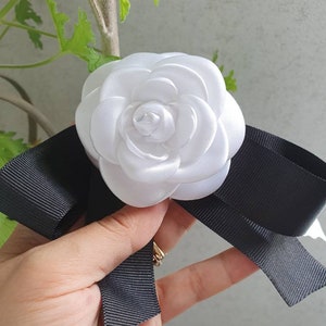 White Camellia brooch pin with black grosgrain ribbon bow, Classic style camellias,  High quality fabric flower, Custom colors available