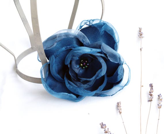 SATIN ROSE BROOCH STEEL BLUE SATIN ROSE BROOCH STEEL BLUE