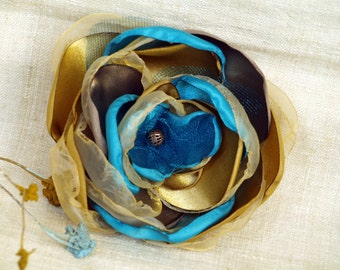 Teal Gold Flower Brooch, Blue Corsage Flower, Silk Flower Brooch