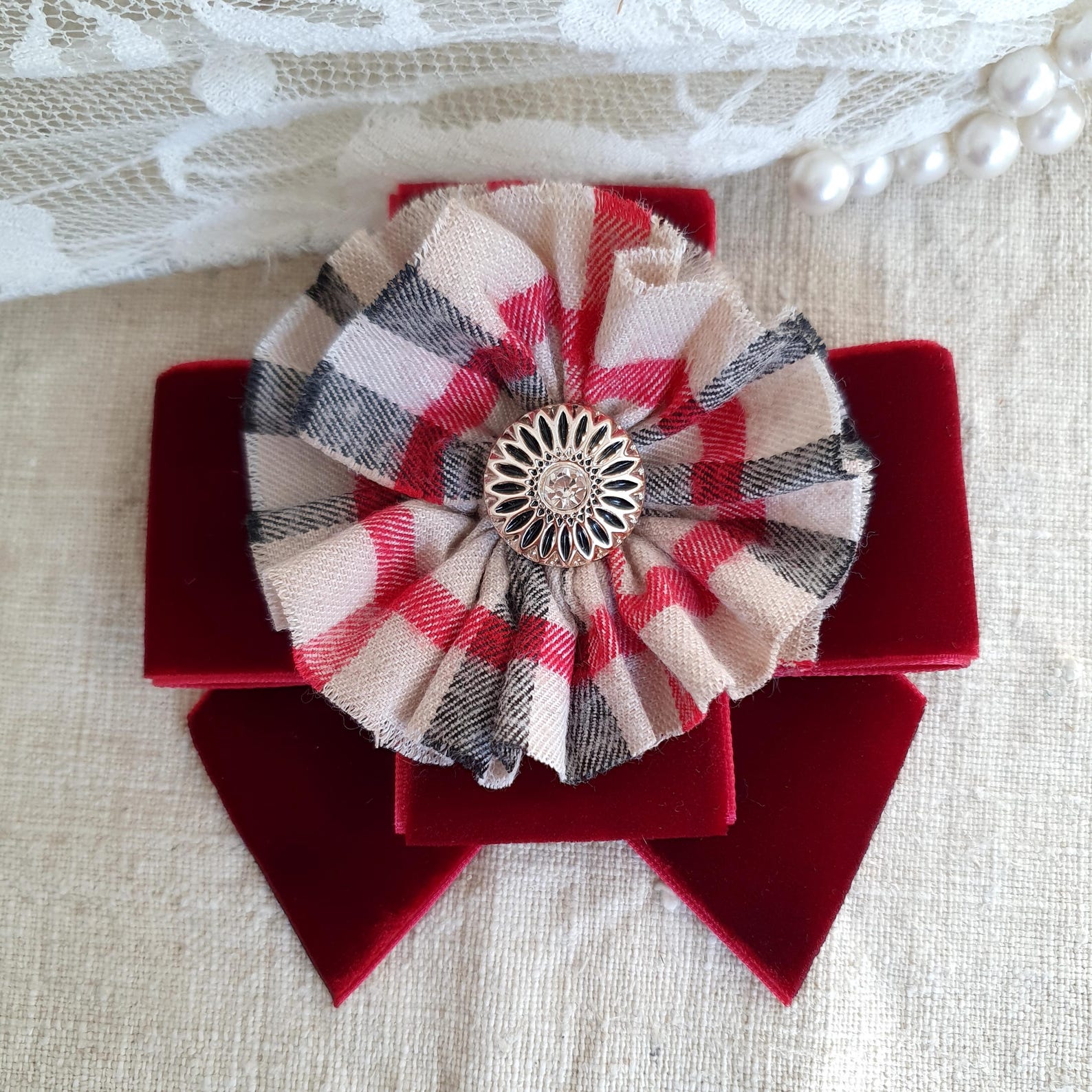 Red Ribbon Broche Red Velvet & Plaid Rosette Brooch: Ribbon Corsage Pin - Etsy