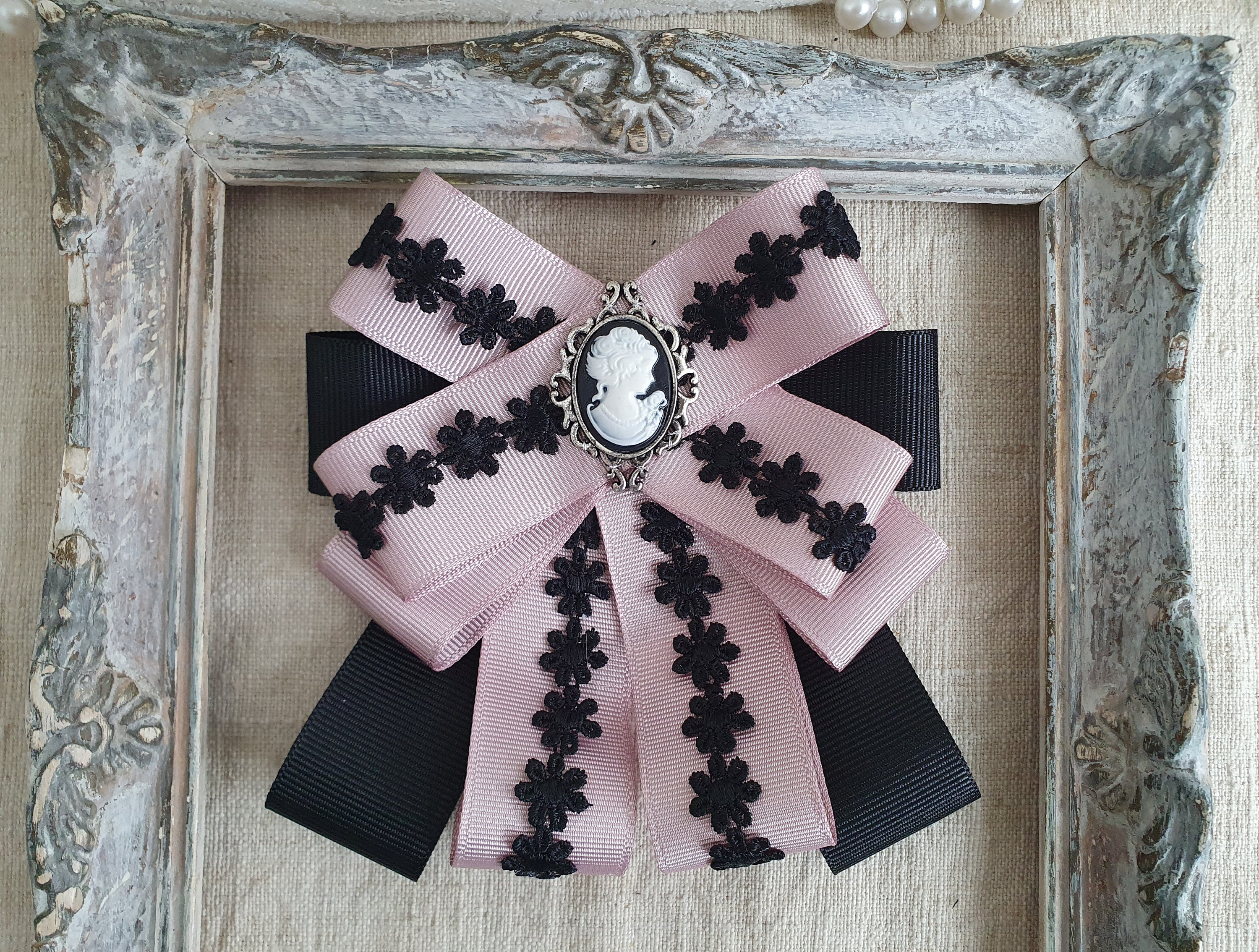 Pink black bow tie brooch, ladies bowtie, ribbon brooch, cameo brooches, jabot necktie, womens bowtie, dust pink, victorian jewelry, gift