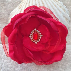 Red silk flower brooch, red flower hair clip, flower pins, gift for her, Valentine red, bright red corsage flower, Rhinestone brooches, prom