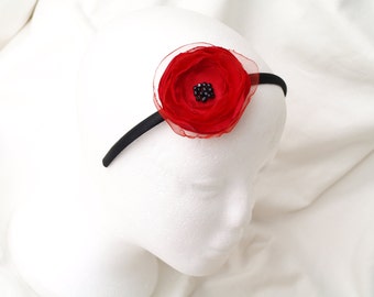 Red poppy headband, Poppy for hair, red and black flower hairband, Valentines kids, Gift for girl, flowergirl headpiece, red flower headband