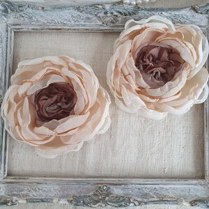 May include: Two large, pale pink fabric flowers with a brown center. The flowers are displayed in a white, ornate picture frame.