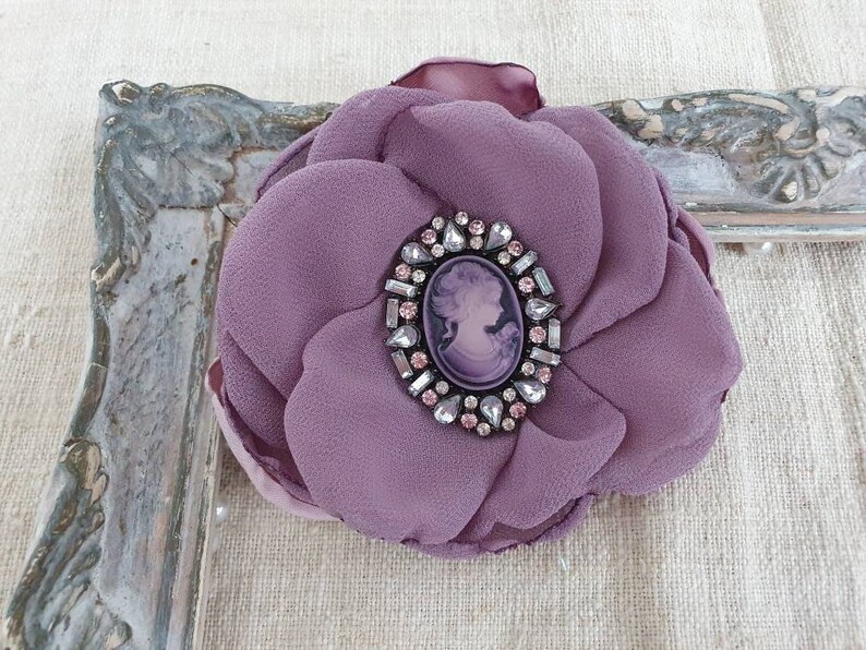 Purple Mauve Flower Brooch, Cameo Brooch, Chiffon Flower Corsage Pin, Lavender Dusty Color, Purple Corsage Flower, Friendship Gift for woman image 2